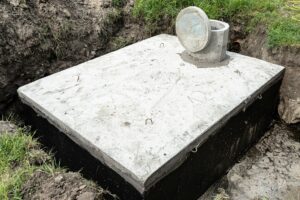 Concrete septic tank with a capacity of 10 cubic meters placed in the garden by the house.